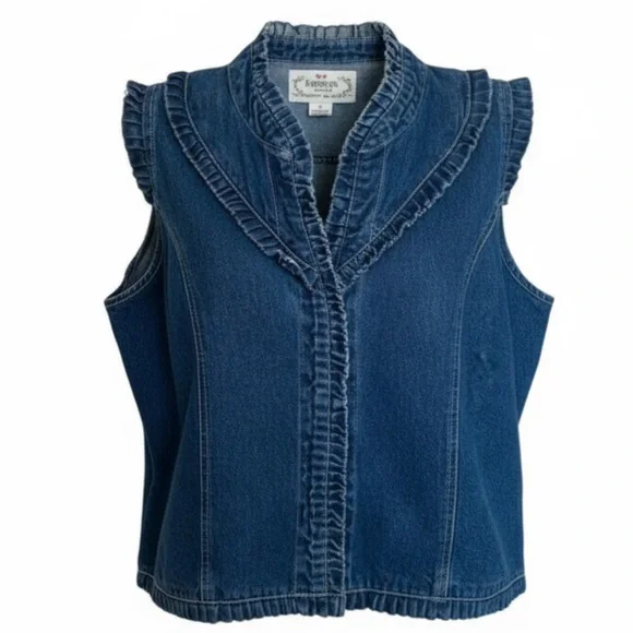 Vintage 90’s Tantrums Denim Ruffle Trim Open Front Lagenlook Boho Vest Women’s - Picture 3 of 11